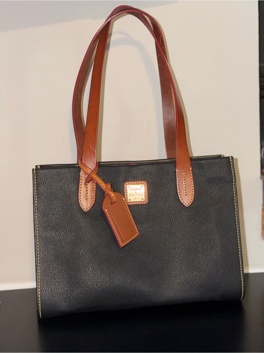 Dooney & Bourke Black Leather Shoulder Tote with Brown Trim